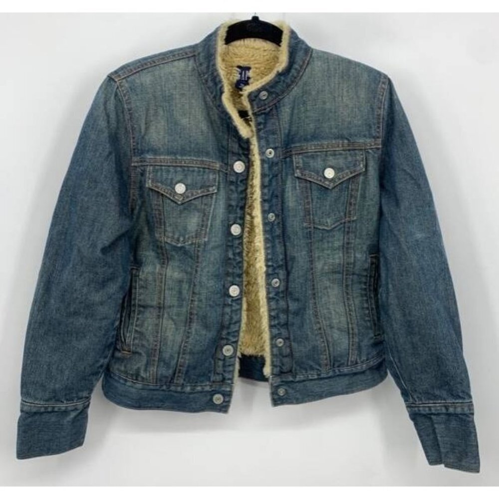 Gap Y2K Vintage Denim Faux Fur Jacket Size Medium M Women Trucker Jean B84